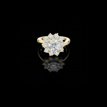 1.5 CT Classic Floral Crown Round Lab Diamond Ring in Gold with Petal Cluster Halo For Her