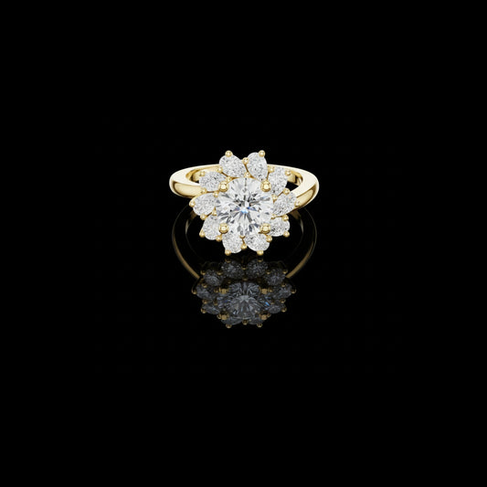 1.5 CT Classic Floral Crown Round Lab Diamond Ring in Gold with Petal Cluster Halo For Her