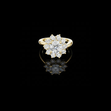 1.50 CT Classic Floral Crown Round Moissanite Diamond Ring in Gold with Petal Cluster Halo For Her