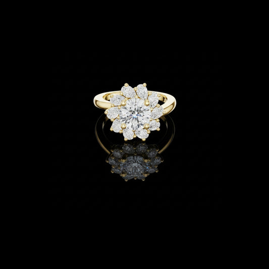 1.50 CT Classic Floral Crown Round Moissanite Diamond Ring in Gold with Petal Cluster Halo For Her