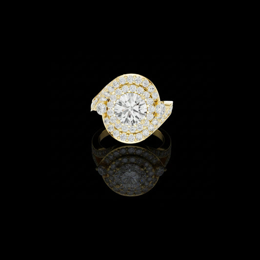 2.00 CT Layered Halo Disc Round Lab Diamond Ring in Gold With Pave Set Statement Band For Her