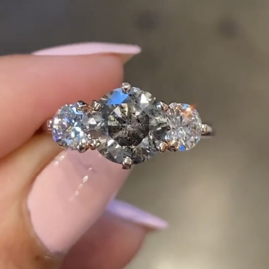 2.00 CT Modern Three Stone Salt and Pepper Moissanite Diamond Ring with Brilliant Side Diamonds
