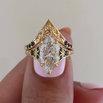 3.00 CT Classic Moissanite Marquise Cut Diamond With Sapphire Accents Vintage Designer Ring