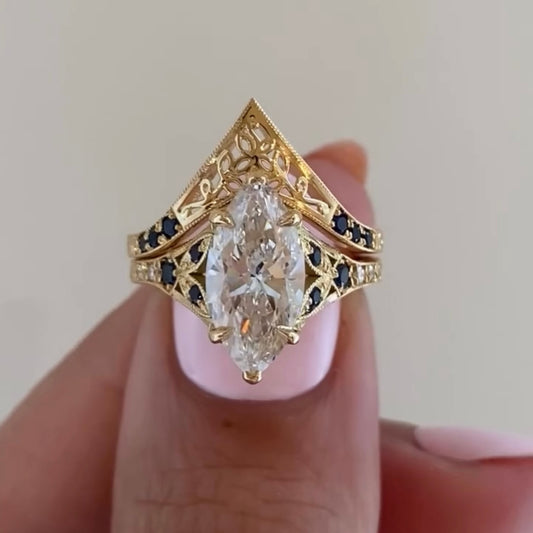 3.00 CT Classic Moissanite Marquise Cut Diamond With Sapphire Accents Vintage Designer Ring
