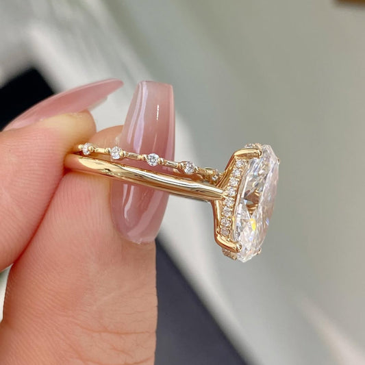 Hidden Halo Oval Moissanite Engagement Ring With Minimalist Band - view 2