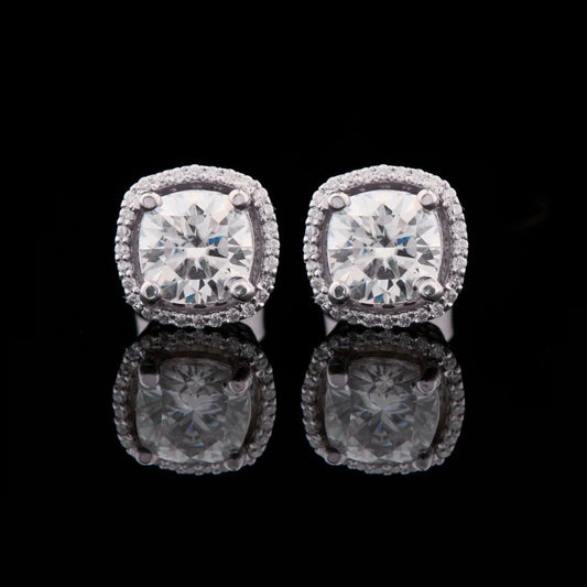 2.00 CT Classic & Timeless Luxury Cushion Cut Halo Diamond Stud Moissanite Earrings in White Gold