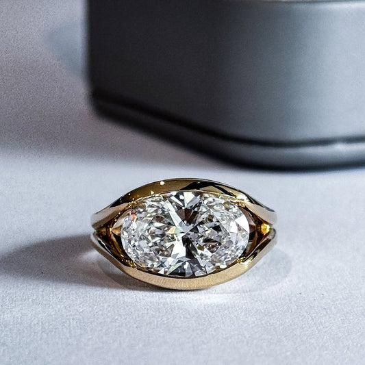 3.00 TCW Modern Moissanite Oval Cut Bezel Set East West Statement Ring