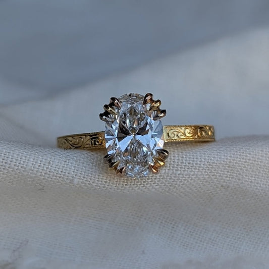 2.75 CT Floating Moissanite Oval Cut Solitaire Diamond Ring with Hand Engraved Gold Band