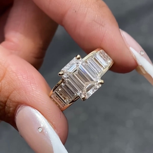2.50 CT Emerald Cut Moissanite Diamond with Baguette Step Set Band