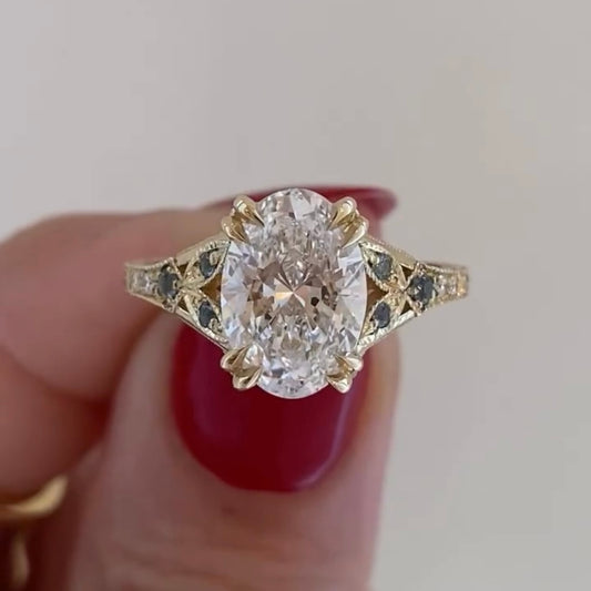 3.10 CT Nature Inspired Lab Grown Oval Cut Diamond Engagement Ring with Sapphire Accents