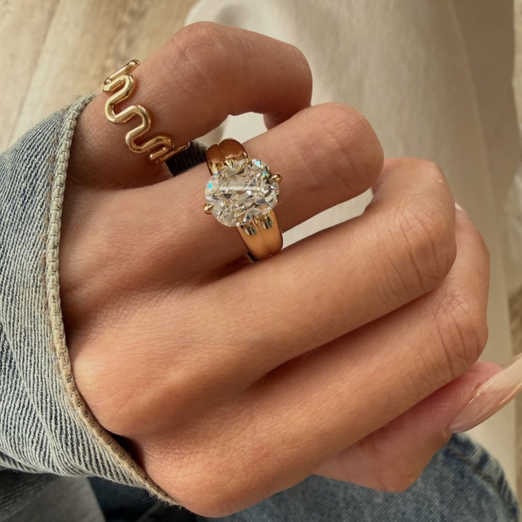 Old Mine Cushion Lab Diamond Solitaire Wedding Ring With Thick Band - view 3