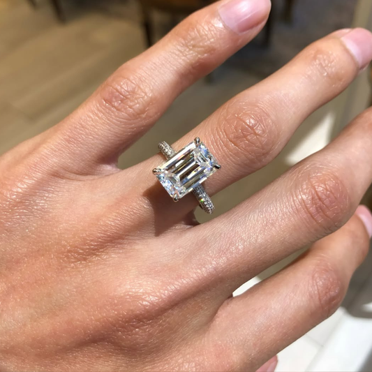 5.23 CT Luxurious Emerald Cut Moissanite Diamond Ring with Pave Band & Classic Four Prong Setting For Her