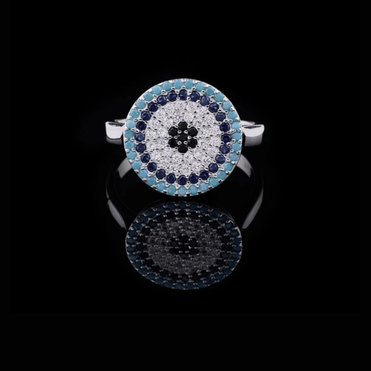 0.45 TCW Round Evil Eye Protection Ring with Moissanite Turquoise, Sapphire and Diamond Accents