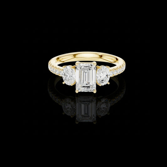 1.01 CT Heirloom Emerald Cut Three Stone Ring with Oval Side Moissanite Diamond Stones and Pave Band