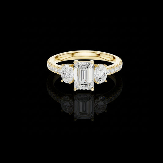 1.01 CT Heirloom Emerald Cut Three Stone Ring with Oval Side Moissanite Diamond Stones and Pave Band