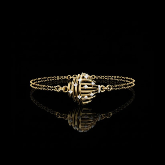 0.13 TCW Luxurious Moissanite Bracelet with Dual Chain and Artistic Diamond Studded Spiral Dome Centerpiece