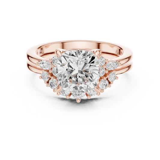 2.10 CT Regal Cushion Cut Lab Grown Diamond Cluster Ring with Marquise Side Diamonds