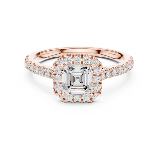 1.00 CT Beautiful Asscher Cut Lab Grown Diamond Halo Ring with Pave Set Diamond Band