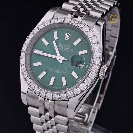 Prestige Silver Timepiece with Emerald Green Dial, Moissanite Diamond Bezel, and Jubilee Bracelet