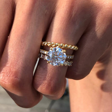 3.00 CT Twisted Rope Gold Band With Round Cut Moissanite and Baguette Side Accents For Stillness Love