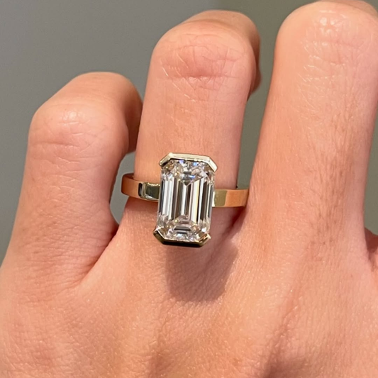 Emerald Lab Diamond Half Bezel Solitaire Ring With Wide Band - view 2