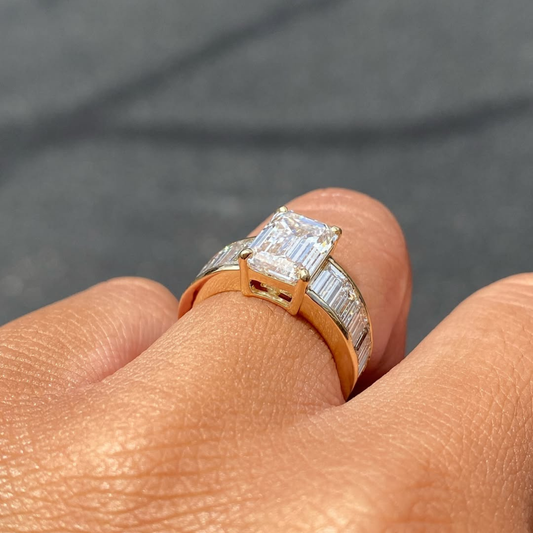 Emerald Moissanite Ring With Tapered Baguette Side Stones - view 3