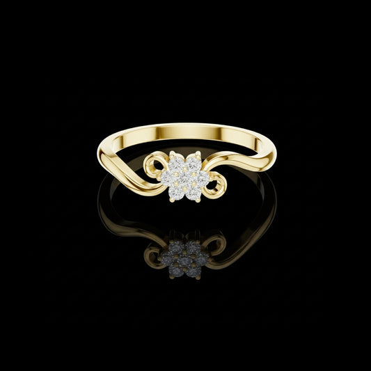 0.11 TCW Delicate Romantic Gold Floral Moissanite Diamond Cluster Ring with Elegant Swirl Band Design