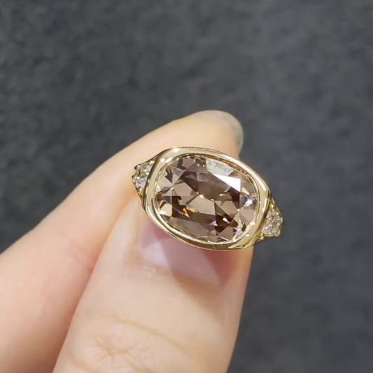 2.5 CT Timeless Old Mine Elongated Cushion Cut Moissanite Champagne Diamond Bezel Ring