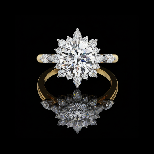 1.50 CT Lab Grown Diamond Round Cut Sunburst Halo Ring with Center Luxury Bridal Jewelry