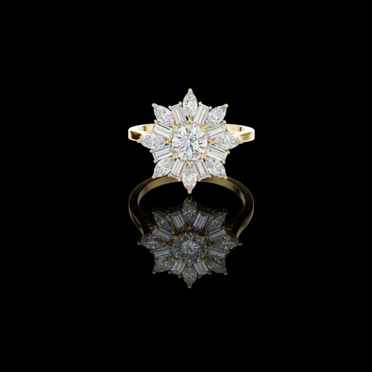 0.50 CT Sunburst Round Center Moissanite Diamond Cluster Ring with Marquise and Baguette Cut Diamonds
