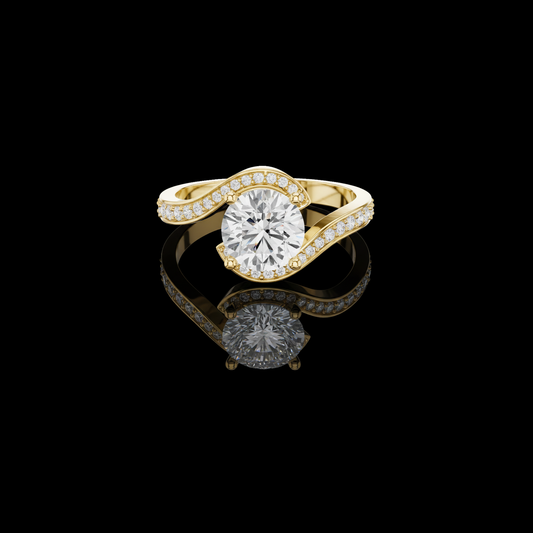 1.00 CT Swirl Design Ring Featuring a Brilliant Round Moissanite Diamond with a Pave-Set Halo Accent