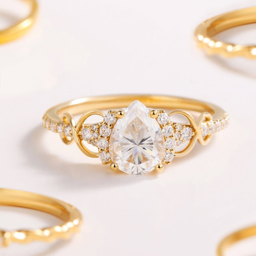 1.00 CT Romantic Pear Cut Lab Grown Diamond Ring with Diamond Halo and Flowing Swirls