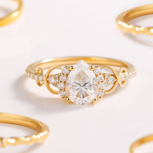 1.00 CT Romantic Pear Cut Moissanite Diamond Ring with Diamond Halo and Flowing Swirls