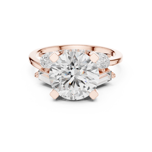 3.00 CT Luxury Round Brilliant Moissanite Diamond Ring with Baguette and Pear Side Accents