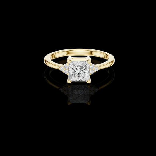 0.86 CT Brilliant Princess Cut Moissanite Diamond Ring with Round Diamond Accent Clusters