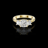 2.00 CT Aurora Cushion Center Moissanite Diamond Three Stone with Tapered Baguette Side Stones