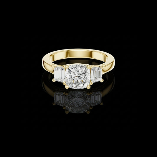 1.4 CT Aurora Cushion Center Moissanite Diamond Three Stone with Tapered Baguette Side Stones