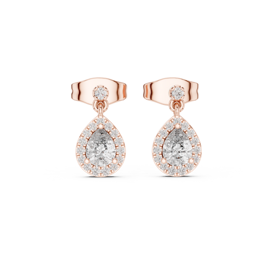 0.34 CT Moonlit Pear Shaped Moissanite Diamond Halo Drop Earrings in Polished Gold Finish For Fashion Girl
