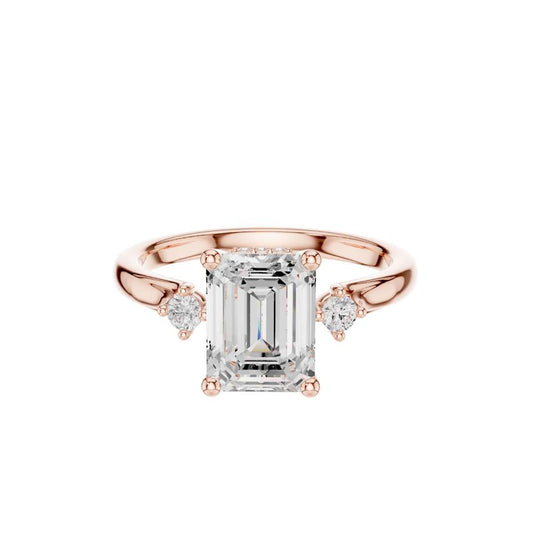 2.08 CT Stylish Three Stone Emerald Cut Lab Grown Diamond Ring with Round Side Diamonds