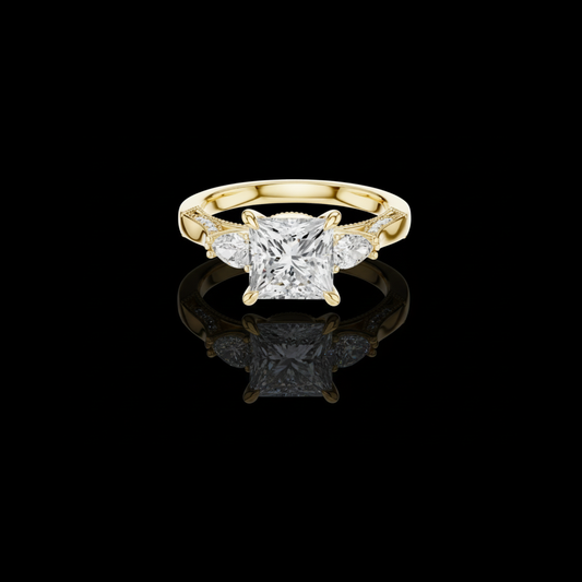 1.80 CT Charming Princess Cut Three Stone Moissanite Diamond Ring with Pear Side Stones
