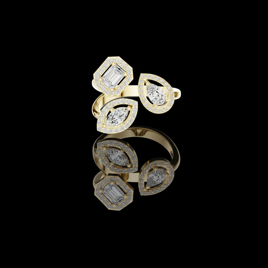 0.92 TCW Three Stone Geometric Moissanite Diamond Halo Bypass Ring with Emerald, Pear and Marquise Cut Centers