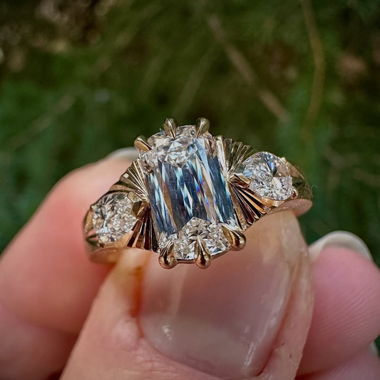 1.70 CT Fantastic Emerald Cut Moissanite Diamond Vintage Inspired Three Stone Statement Ring For Her
