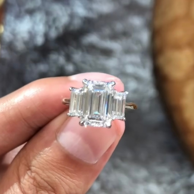 Emerald Lab Diamond Three Stone Wedding Ring - view 2