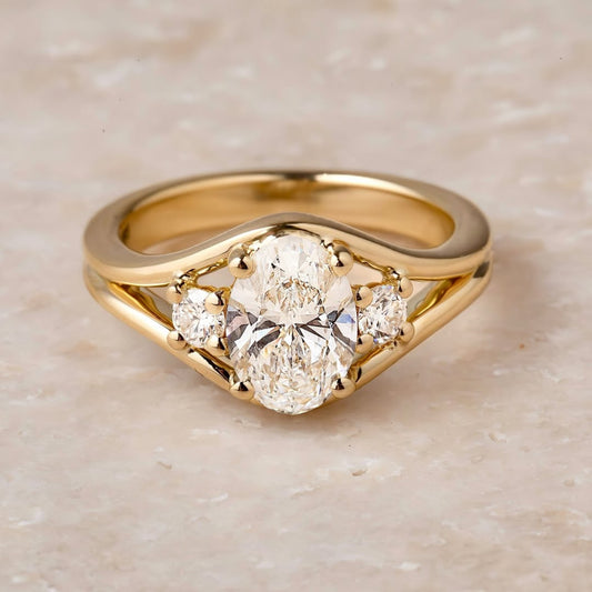 2.30 CT Signature Oval Cut Three Stone Moissanite Diamond Ring with Curved Split Shank Band in High Polish Gold