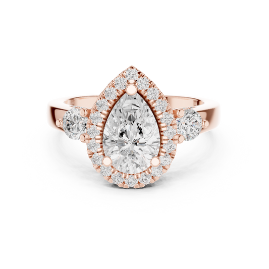 1.2 CT Exquisite Three Stone Pear Cut Lab Diamond Halo Ring with Round Side Stones Statement Ring