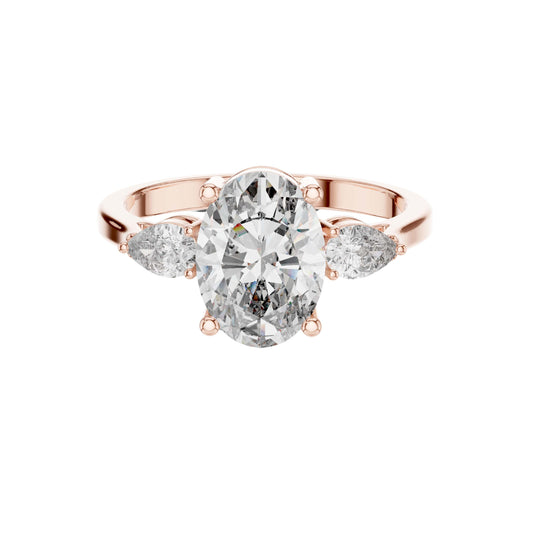 1.95 CT Classic Three Stone Moissanite Ring with an Oval Cut Center Diamond and Pear Shaped Side Diamonds