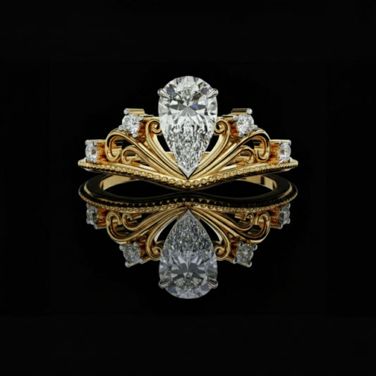 1.00 CT Classic Lab Grown Diamond Vintage Pear Cut Tiara Crown Royal Statement Wedding Ring for Her