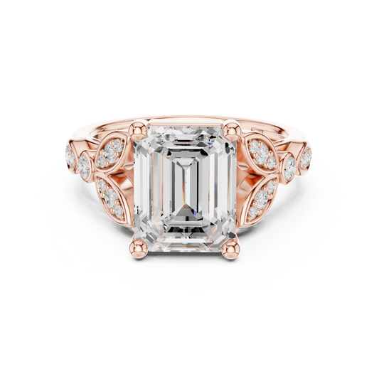 3.11 TCW Imperial Aura Emerald Cut Moissanite Diamond Ring in Sculpted Gold with Vintage Halo Side Accents