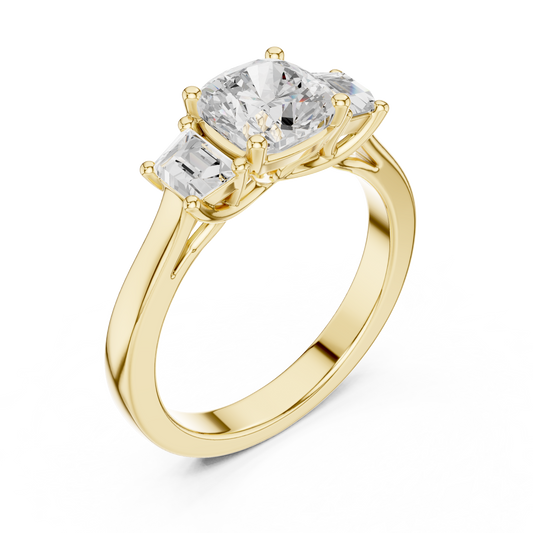 Cushion Three Stone Lab Diamond Ring With Tapered Side Stone - view 4