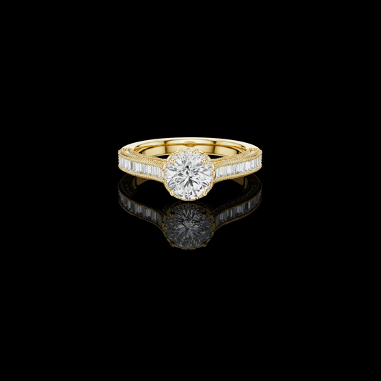 1.50 CT Elegant Ring with Round Lab Grown Diamond and Baguette Accent Stone Design